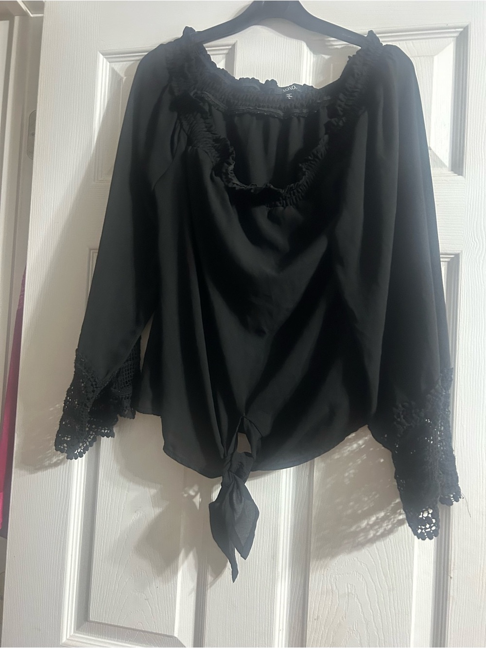 XOXO Black Peasant Tie-Front Blouse with Lace Cuffs